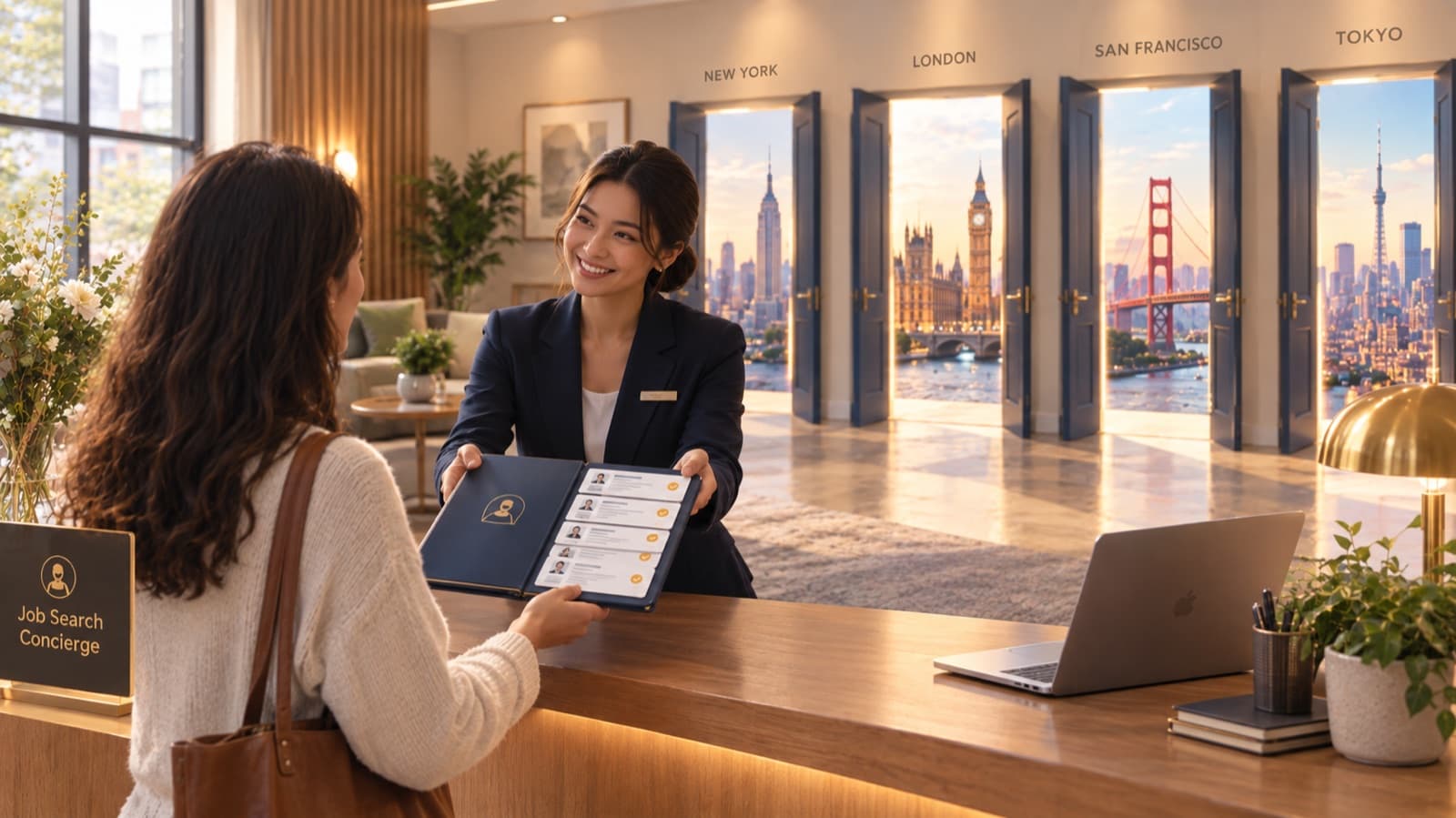 Concierge welcoming a visitor at a reception desk