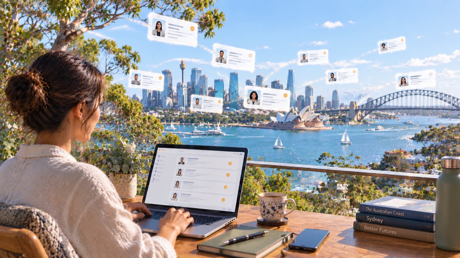 Working at a laptop above Sydney Harbour
