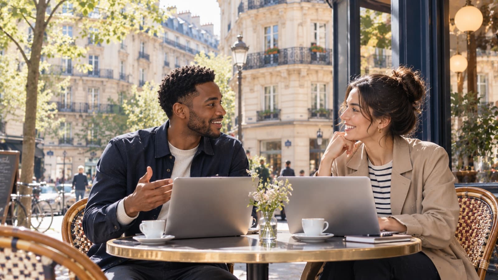 Two colleagues working together at a Parisian café