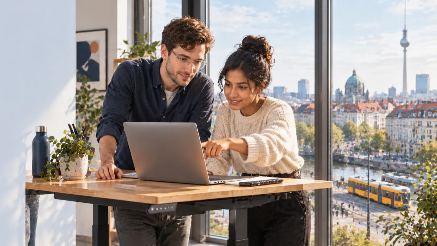Colleagues at a standing desk with the Berlin skyline and a tram outside