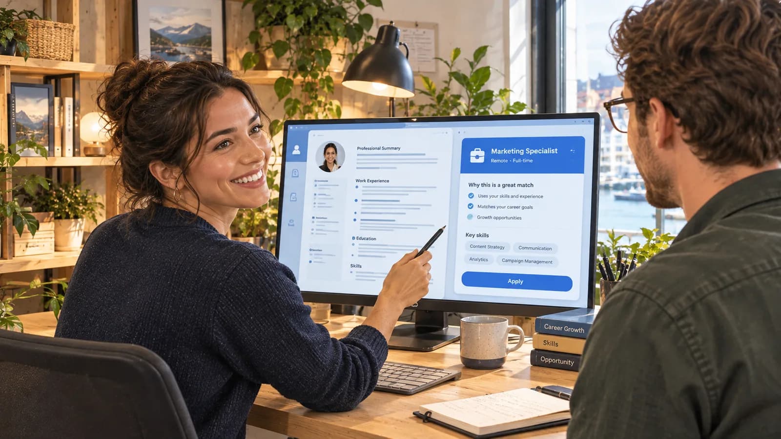 Two professionals reviewing a career plan together on a laptop