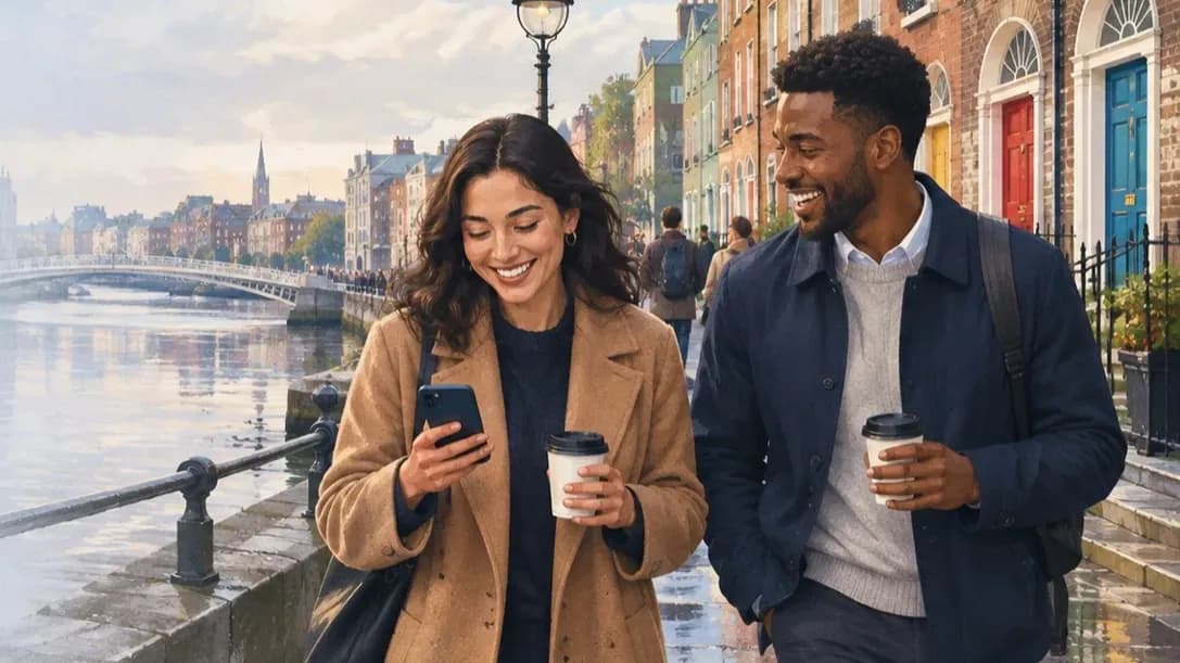 Two colleagues walking along a rainy riverside quay with coffee
