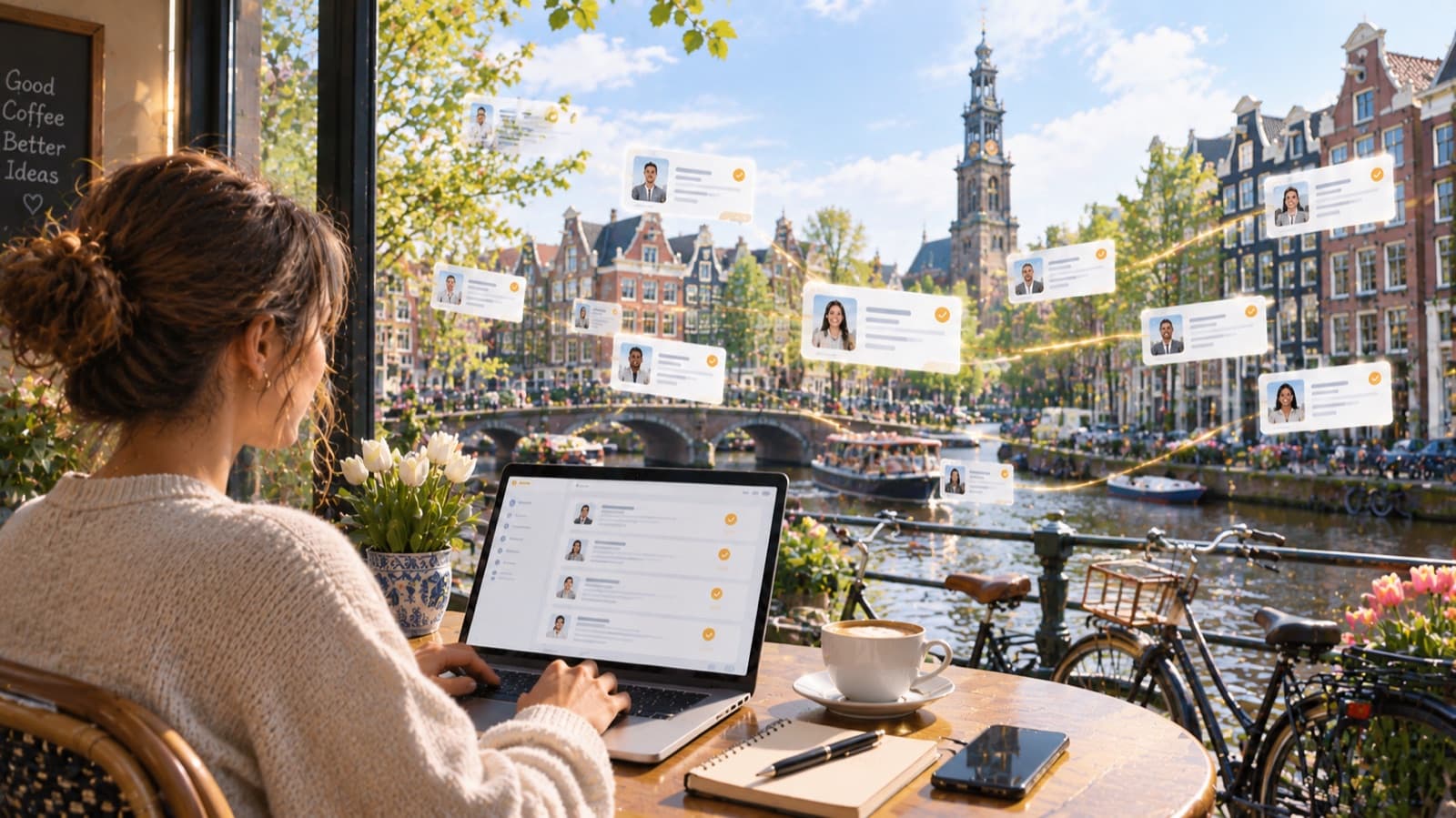 Working at a canal-side café in Amsterdam