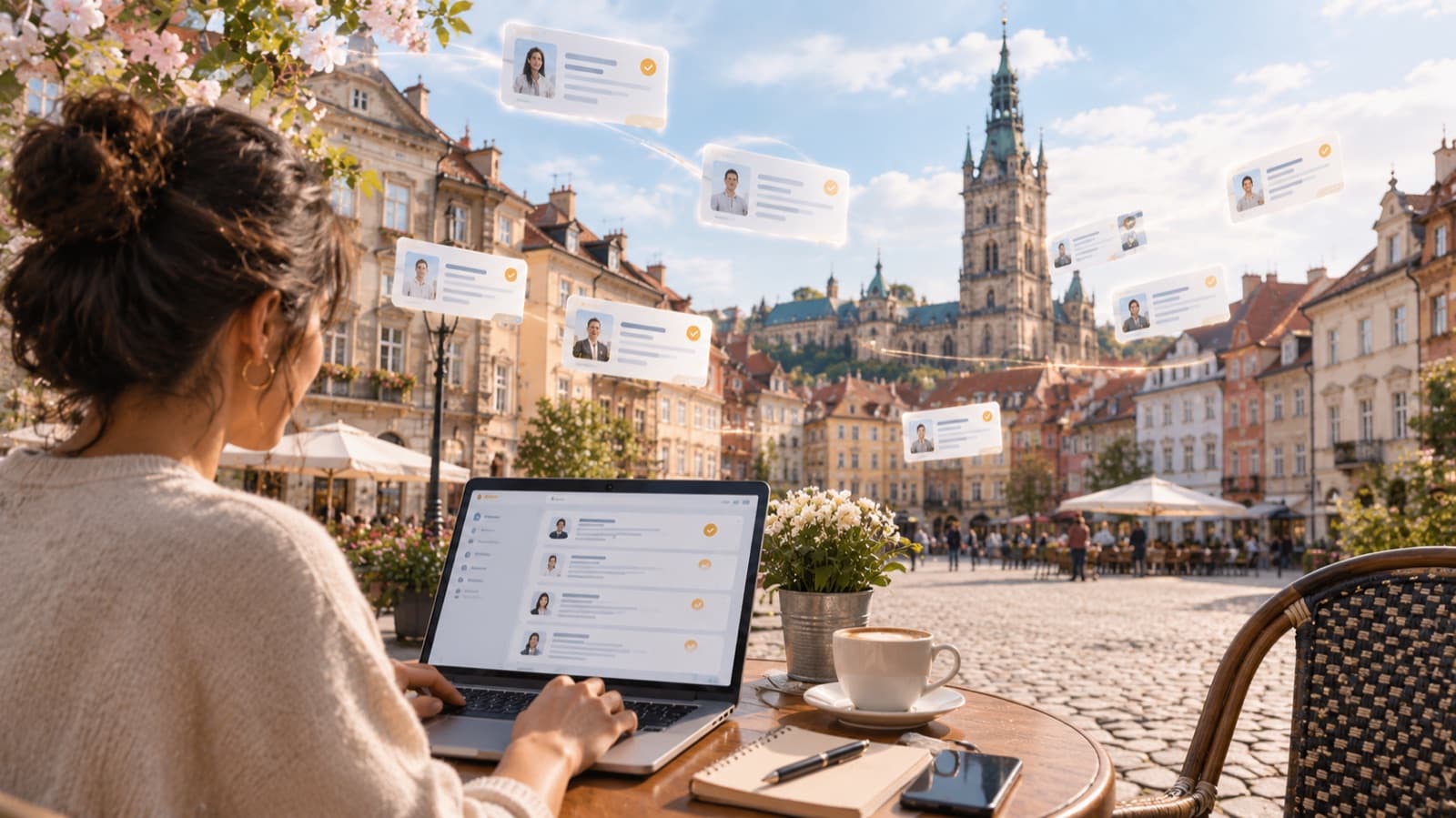 Working at a café table in a European old-town square