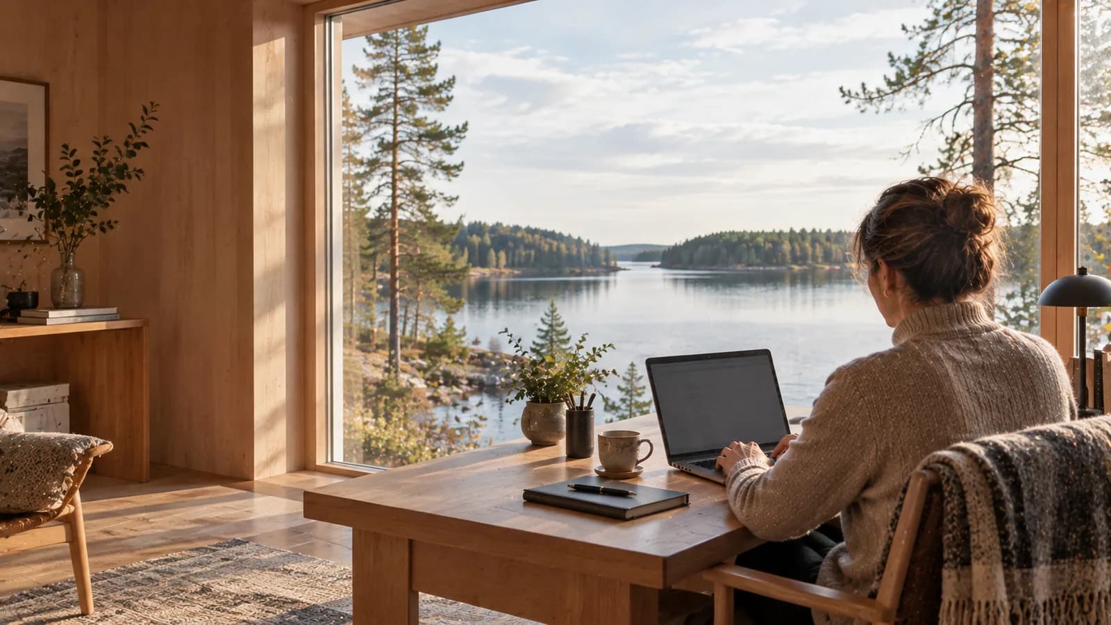 Two colleagues talking in a bright office above a Nordic harbour