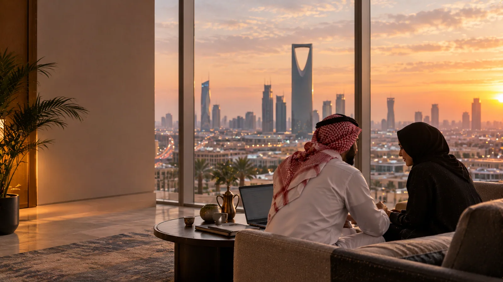 Professional at a laptop overlooking a Gulf city skyline at golden hour