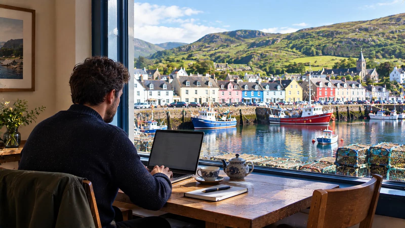 Colleagues working together at a window overlooking a harbour