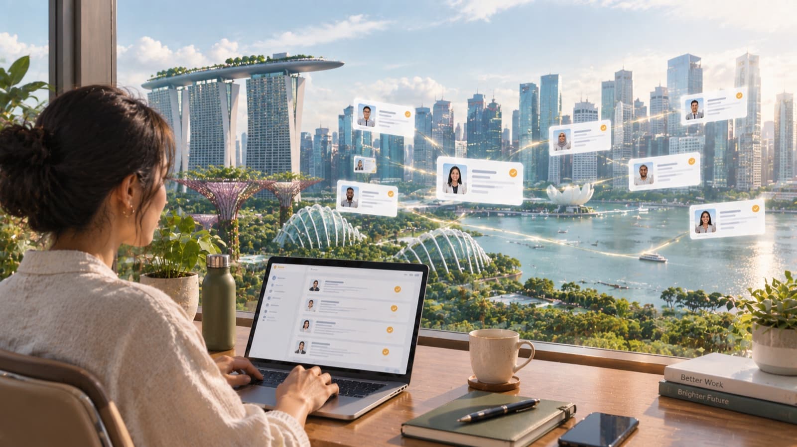 Working at a laptop overlooking Marina Bay, Singapore