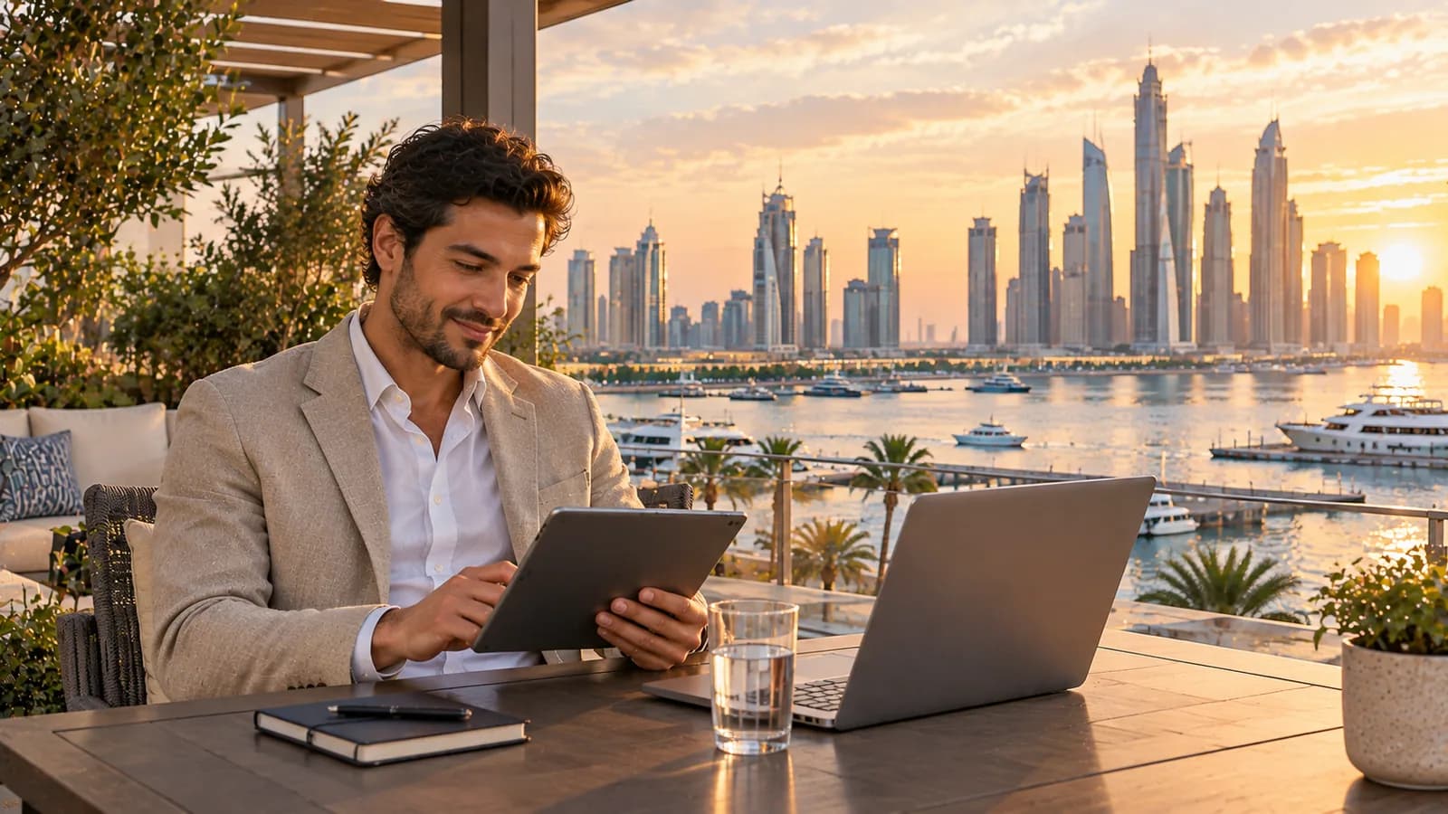Professional at a laptop overlooking a Gulf city skyline at golden hour