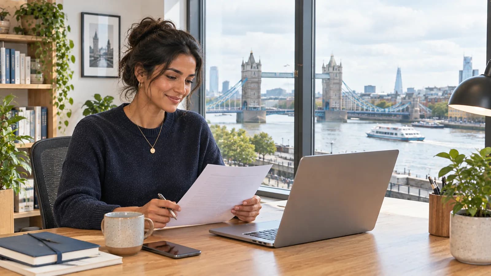 Desk by a window overlooking the River Thames in London