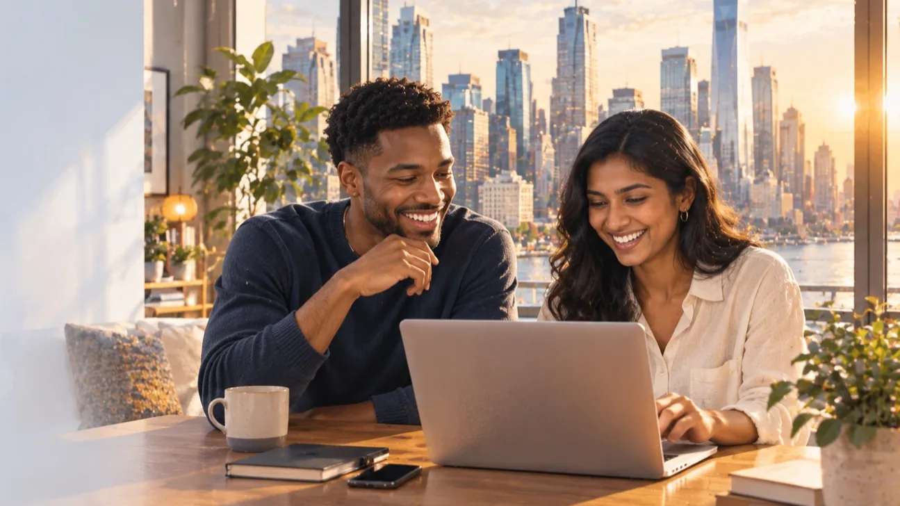 Two colleagues smiling over a laptop with a city skyline at sunset