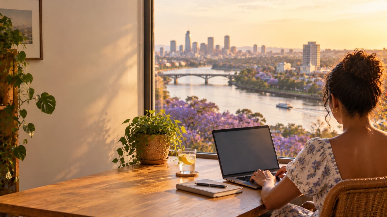 Working by a window over a river city with bridges and jacaranda trees at golden hour