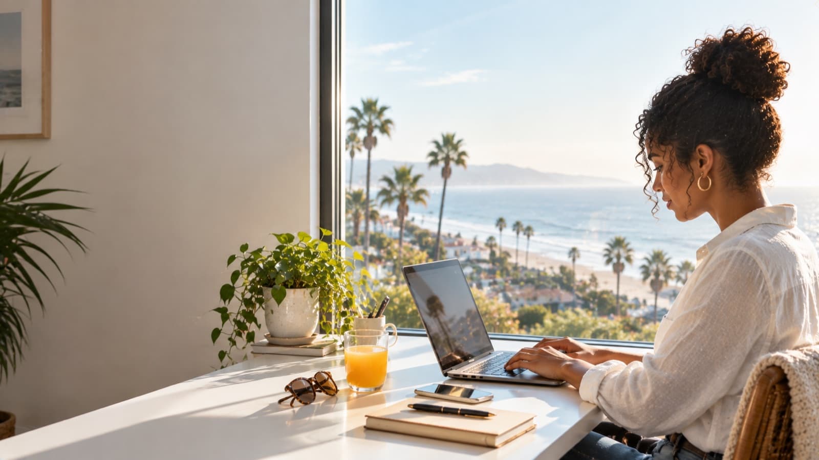 Working at a laptop by a sunny window overlooking palm trees and the Pacific coast