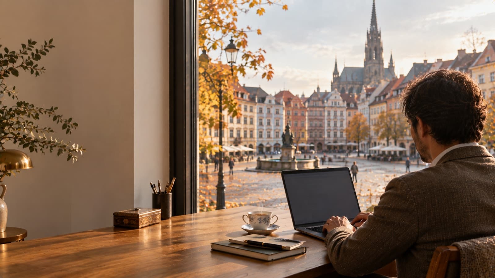 Working at a laptop by a window over an autumn town square with a Gothic cathedral spire