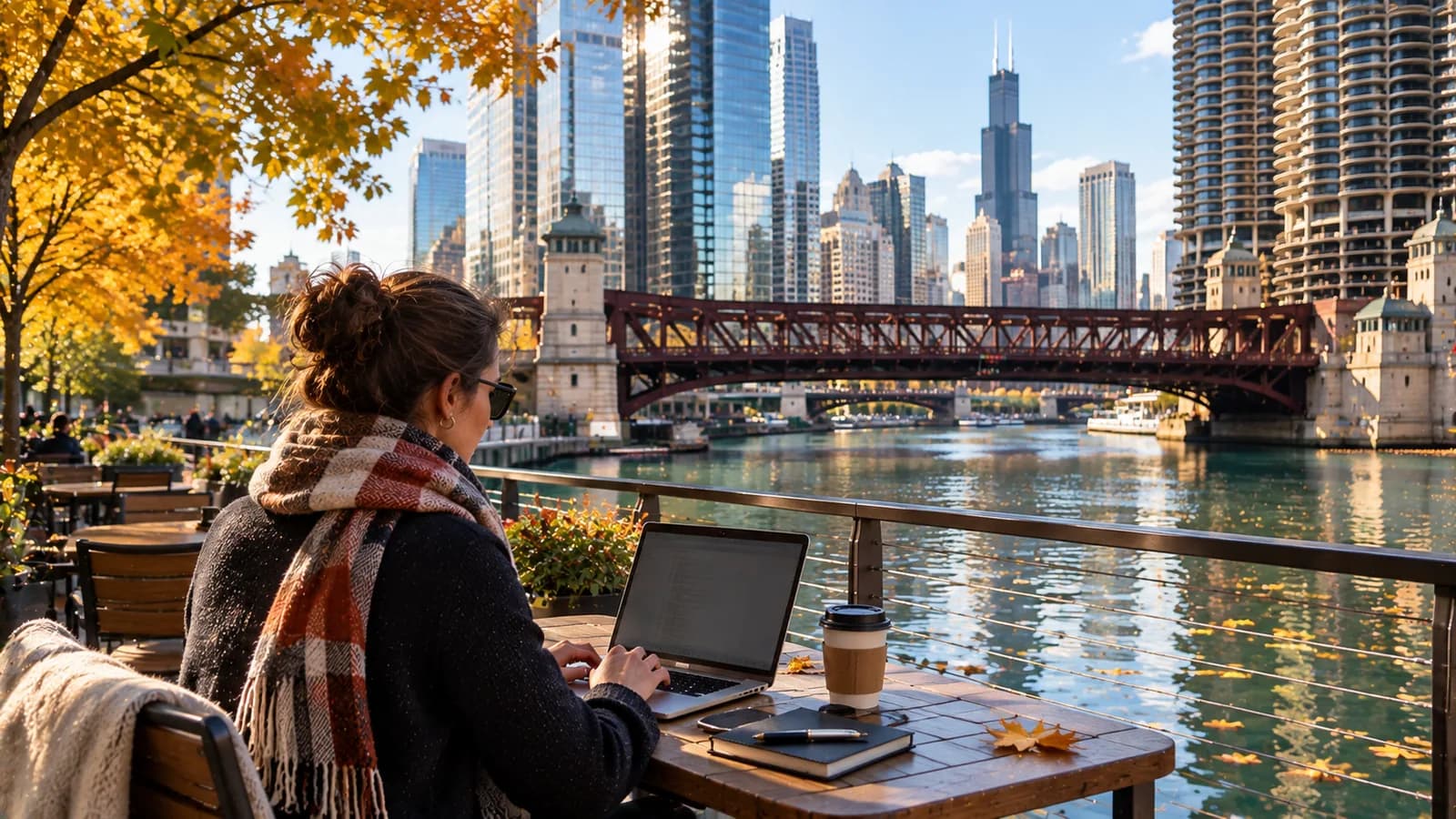 Working at a laptop overlooking the Chicago River and skyline in winter snow