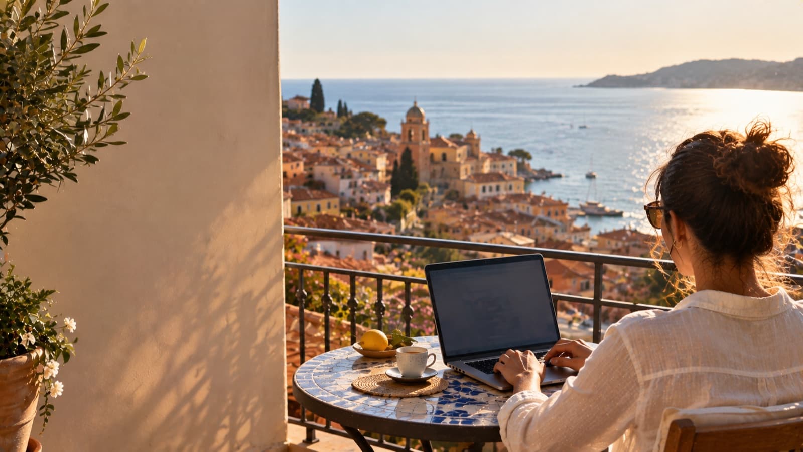 Working on a balcony above terracotta rooftops and the sea at golden hour