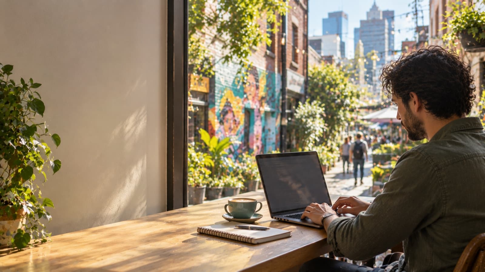 Working at a laptop in a café window above a laneway with street art