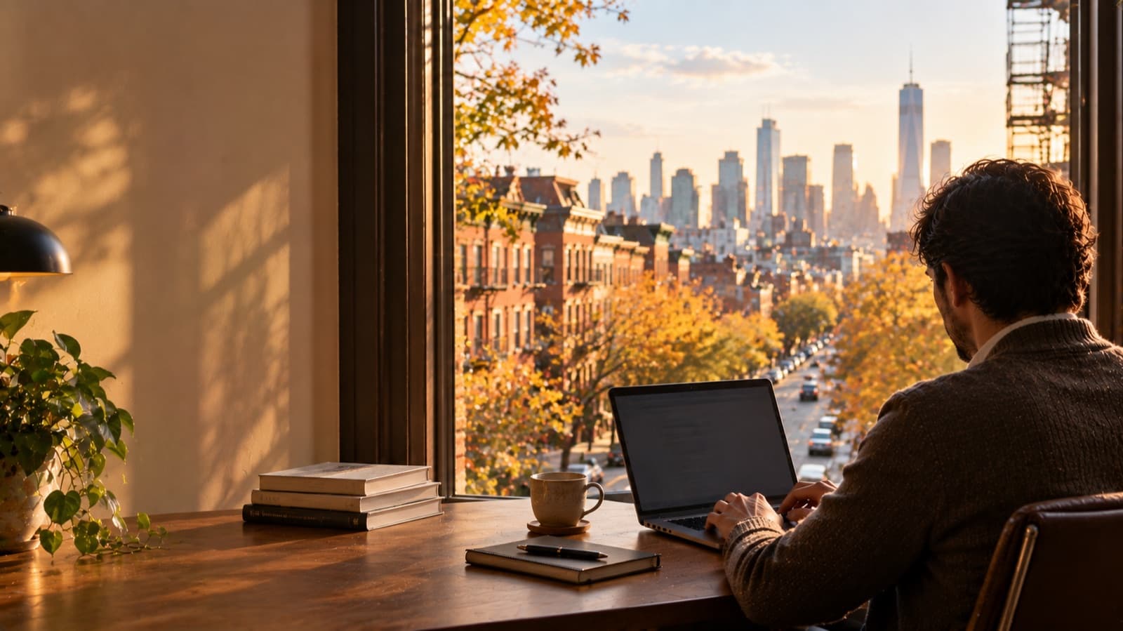 Working at a laptop above a New York street of brownstones in autumn, with the Manhattan skyline beyond