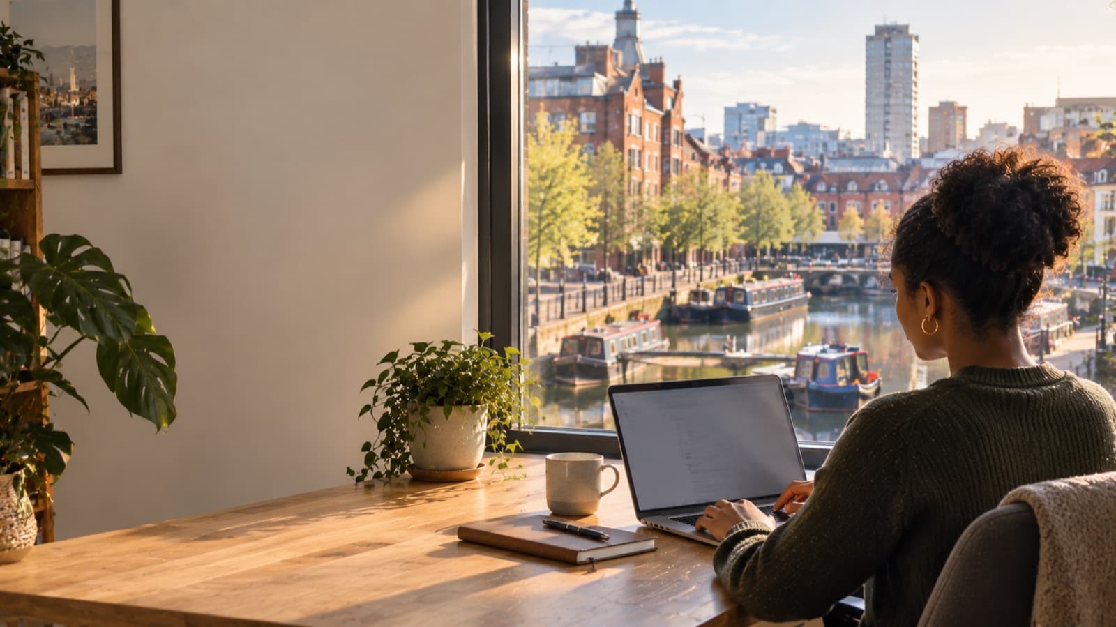 Working at a laptop by a window over a canal with narrowboats and red-brick buildings