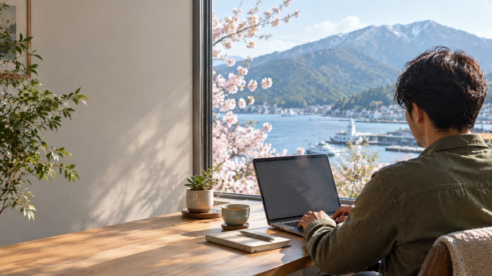 Working at a laptop by a harbour with mountains and cherry blossom