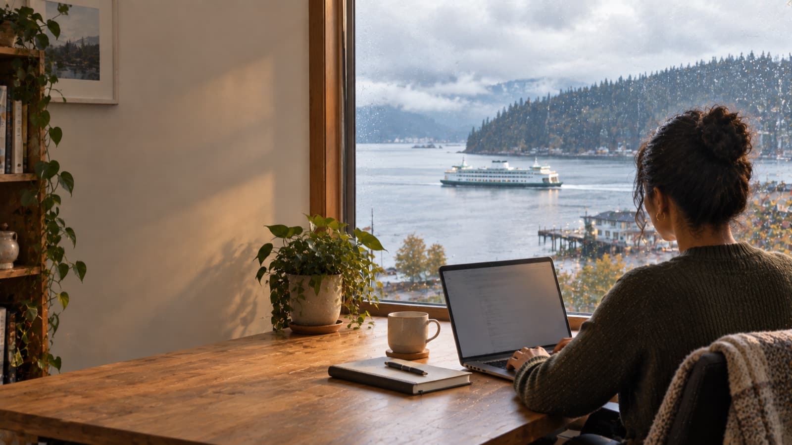 Working by a rainy window overlooking a waterfront, a ferry and forested hills