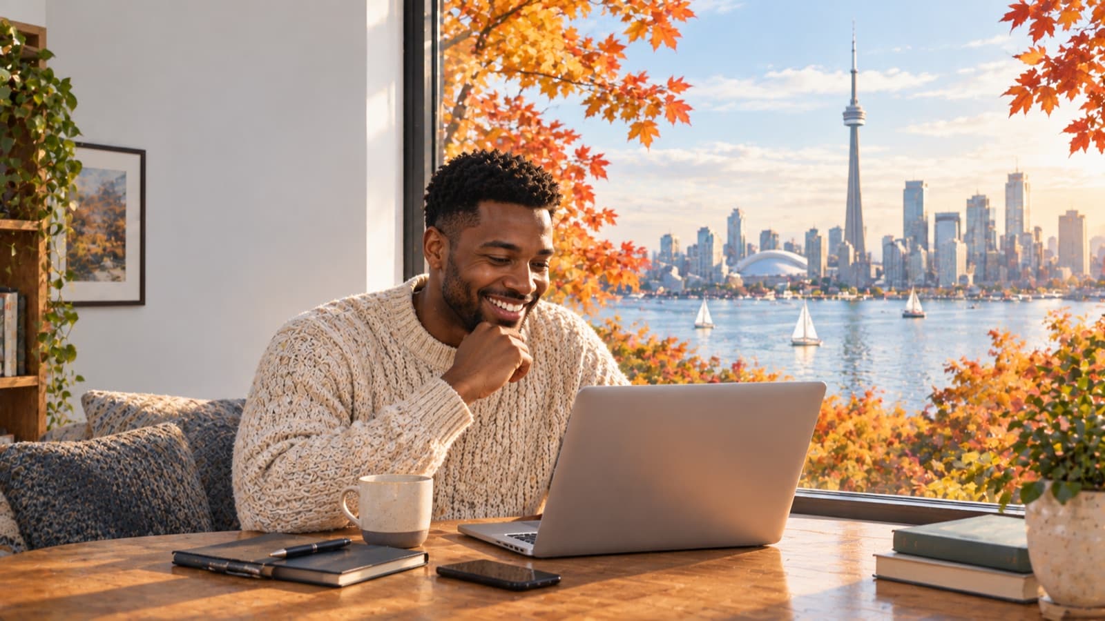 Professional at a laptop by a window overlooking an autumn waterfront, apply for jobs for me in Australia